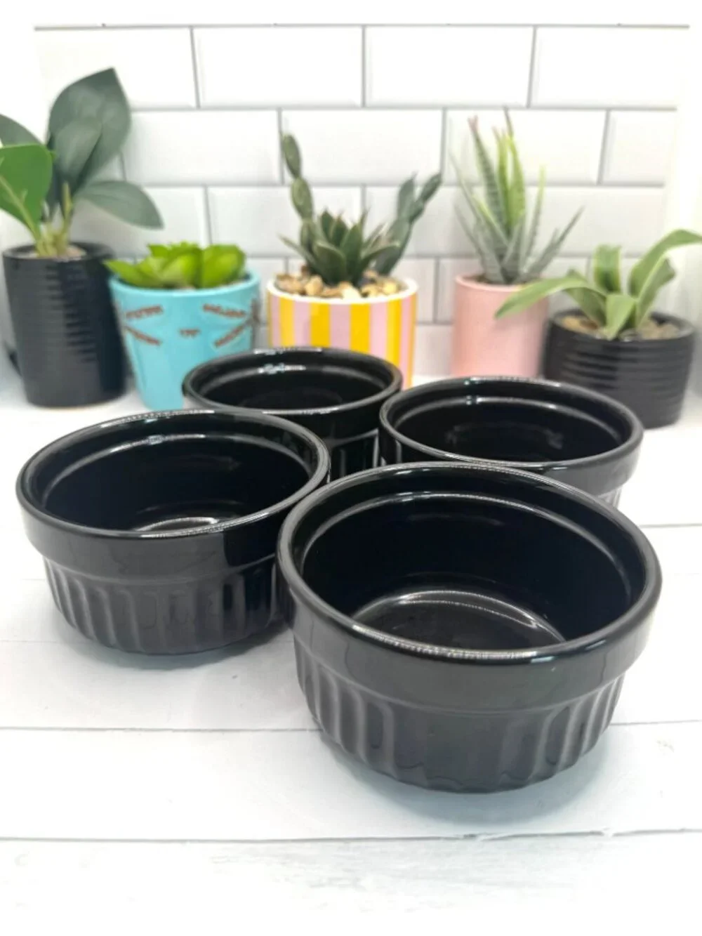 Set Of 4 Black Ceramic Ramekins Baking Bowls For Desserts Soufflé
